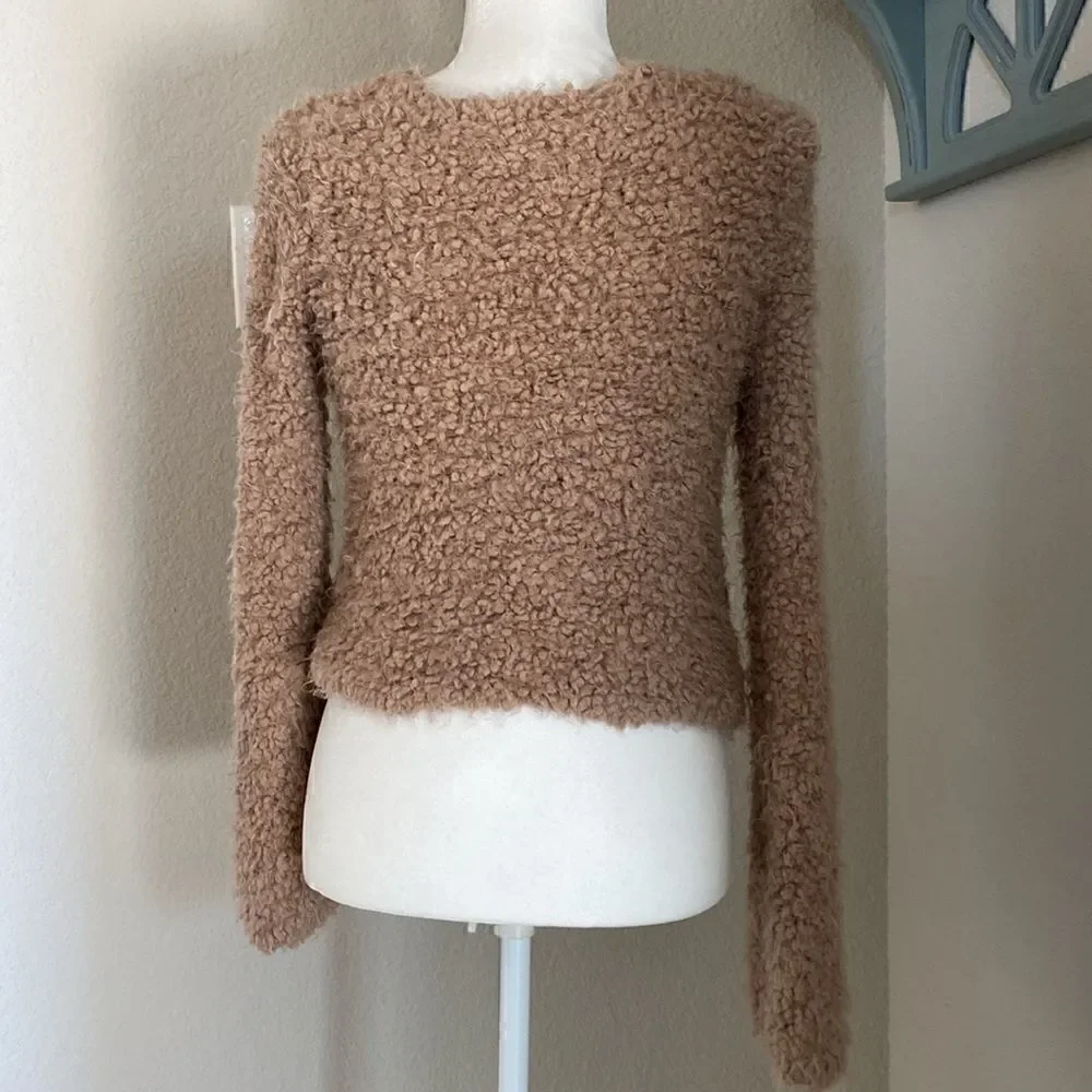 Free People Front Wrap Fuzzy Soft Long Sleeve Top Small Beige Nude Cream Earthy
